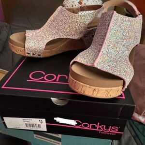 Size 10 Corky’s wedges with glitter top and back strap